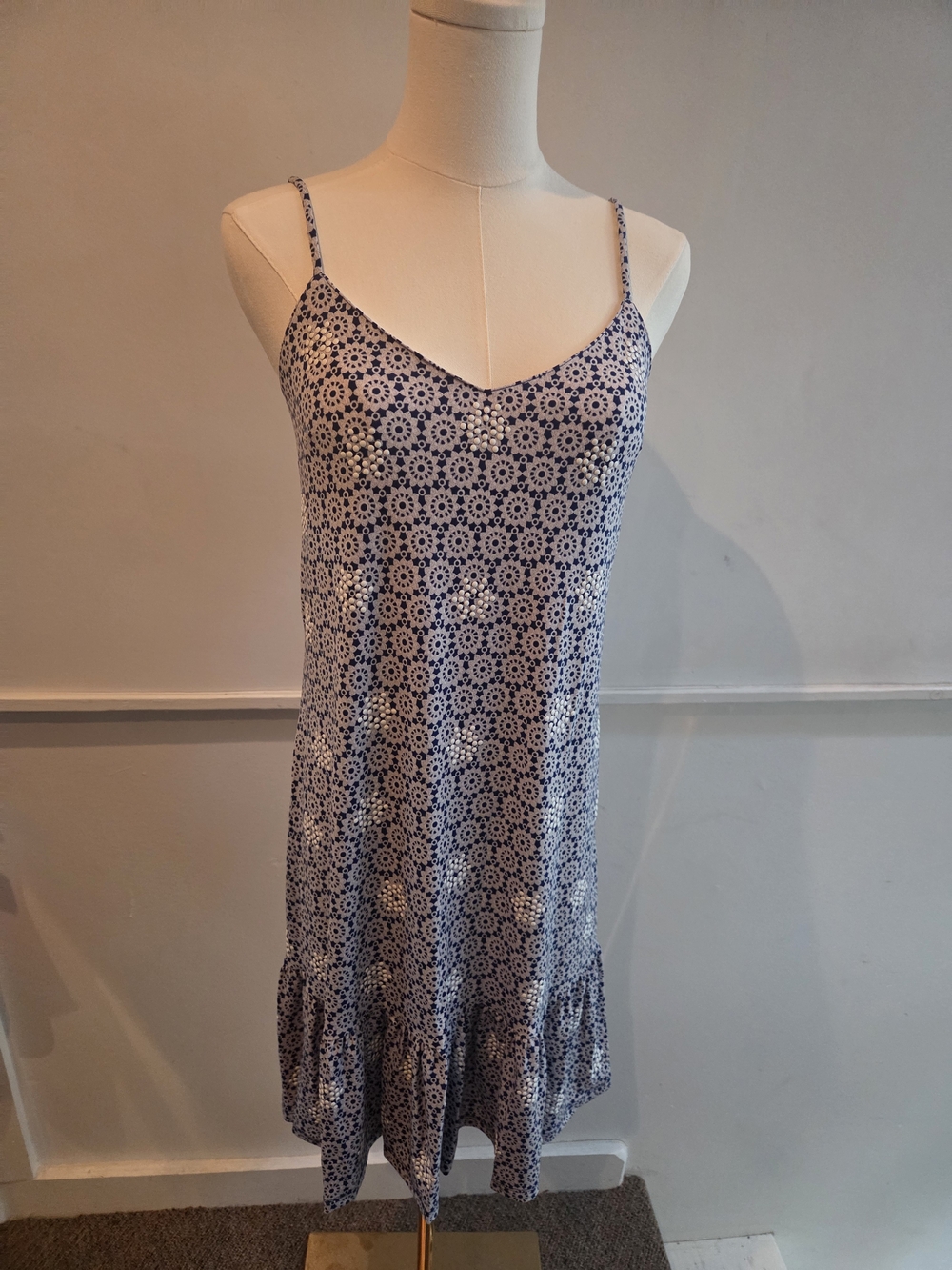 Michael Kors Blue White Print Studded Ruffle Dress Size S NWT